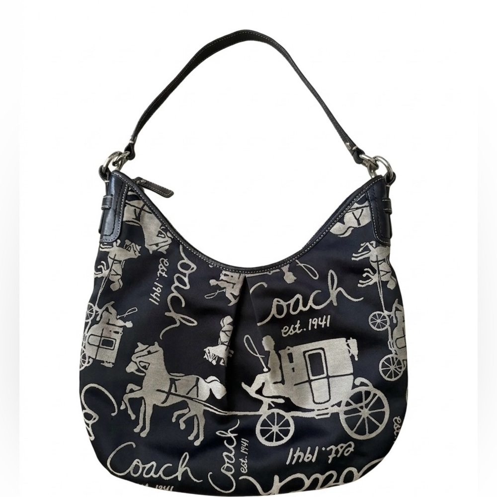 Vintage Coach Y2K Horse & Carriage Script Hobo Shoulder Bag Black Silver